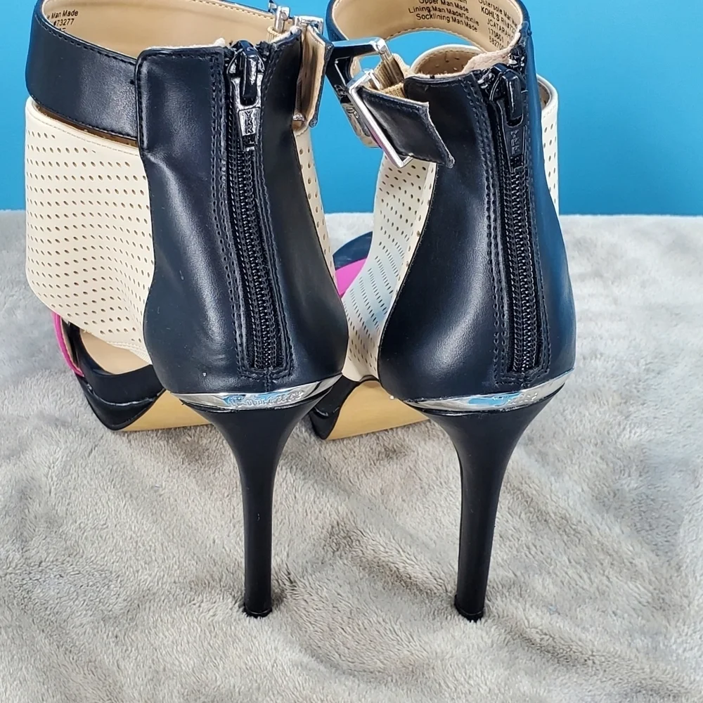 Juicy Couture pink, black and tan strappy heels 7